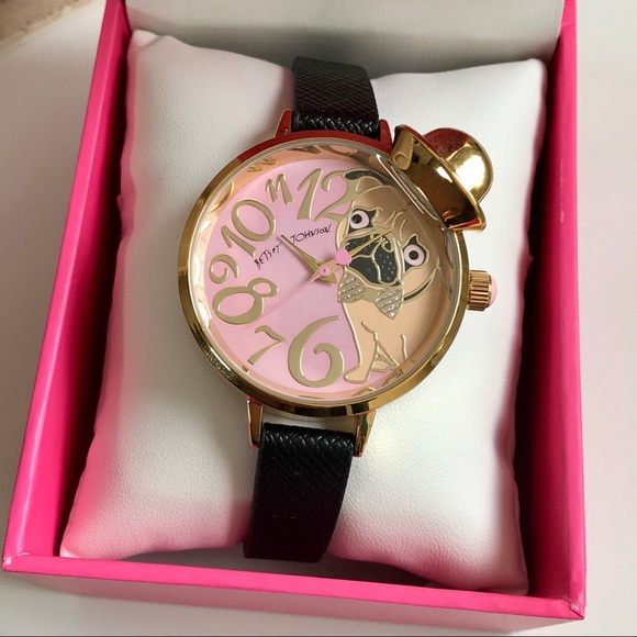 Betsey Johnson Accessories - Betsey Johnson Pink Pug in a Hat Black Strap Watch